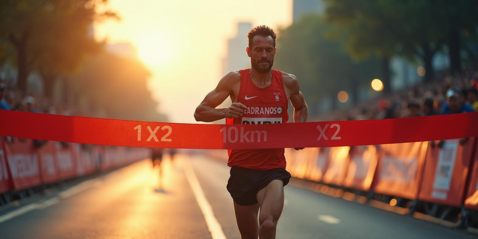 Corredor determinado cruzando linha de chegada em prova de 10km com tempo de 50 minutos em fotografia esportiva dinâmica