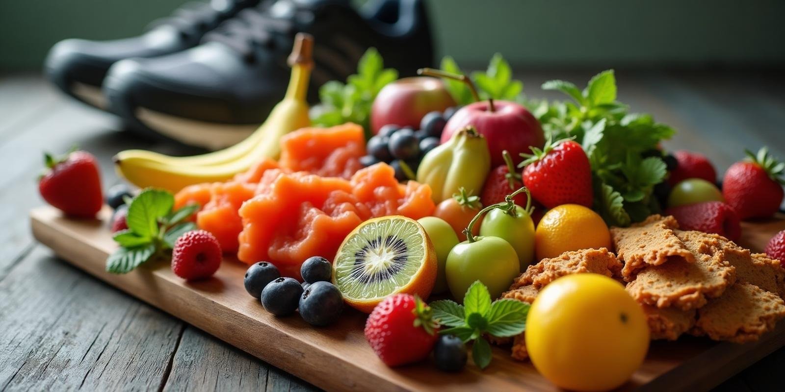 Mesa com refeição saudável para corredor incluindo frutas frescas, proteínas e alimentos energéticos com tênis de corrida ao fundo