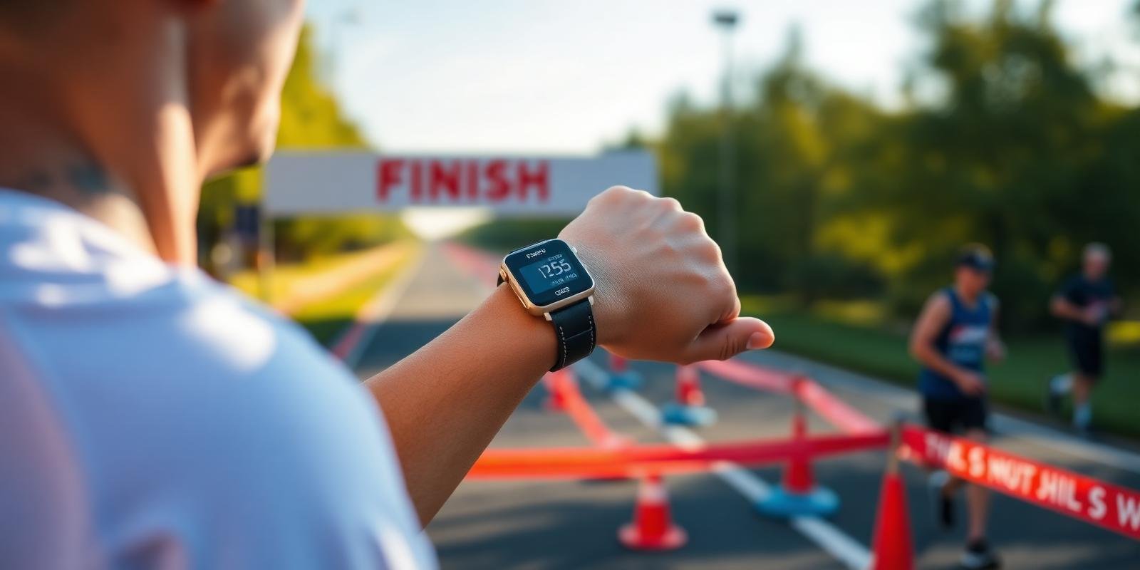 Corredor verificando pace no relógio esportivo próximo à linha de chegada de prova de 10km ao ar livre