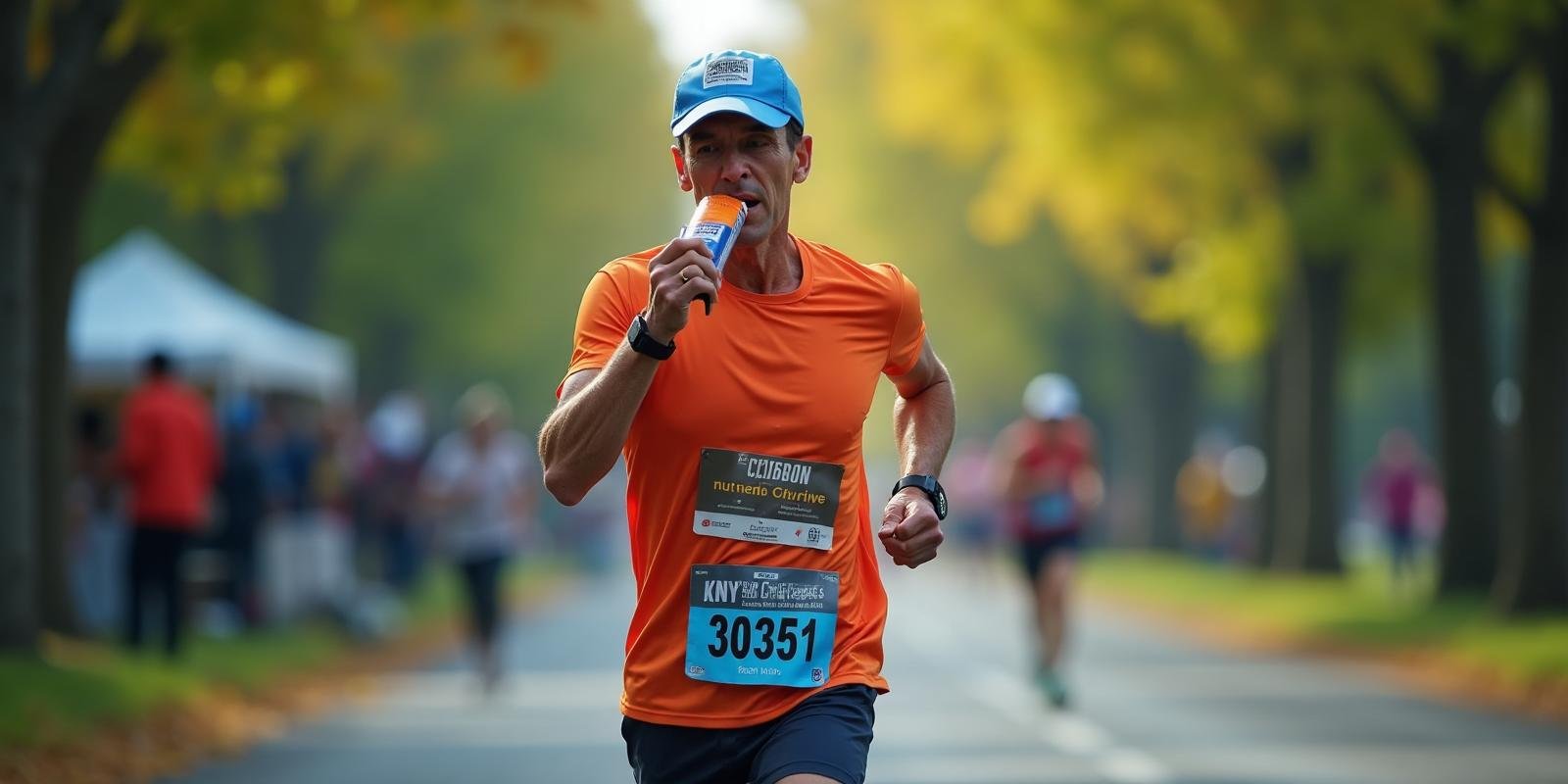 Corredor consumindo gel energético e bebida esportiva durante maratona para reposição de carboidratos e hidratação durante prova