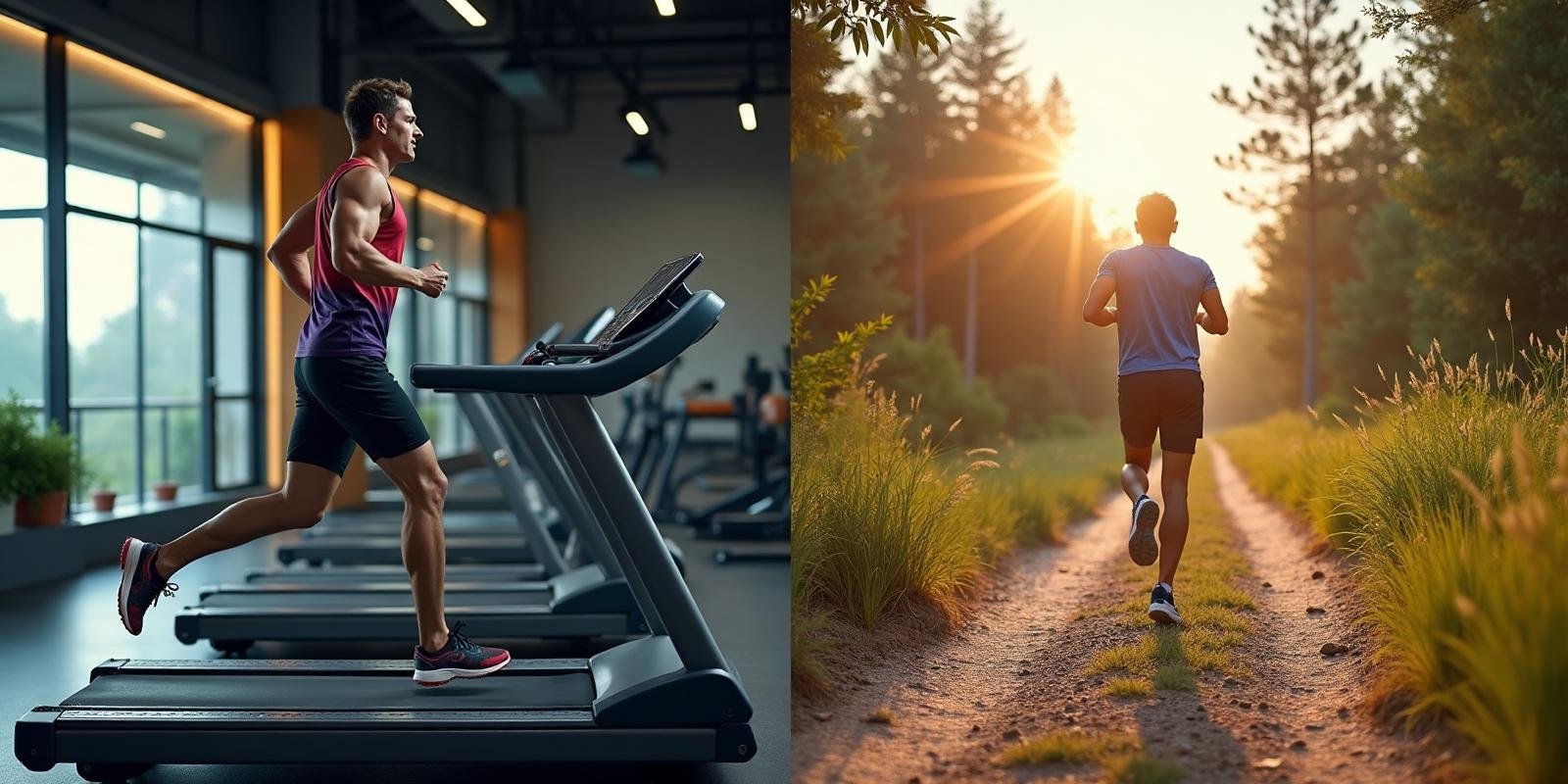 Comparação visual entre corrida em esteira moderna na academia e corrida ao ar livre em trilha natural mostrando as duas modalidades