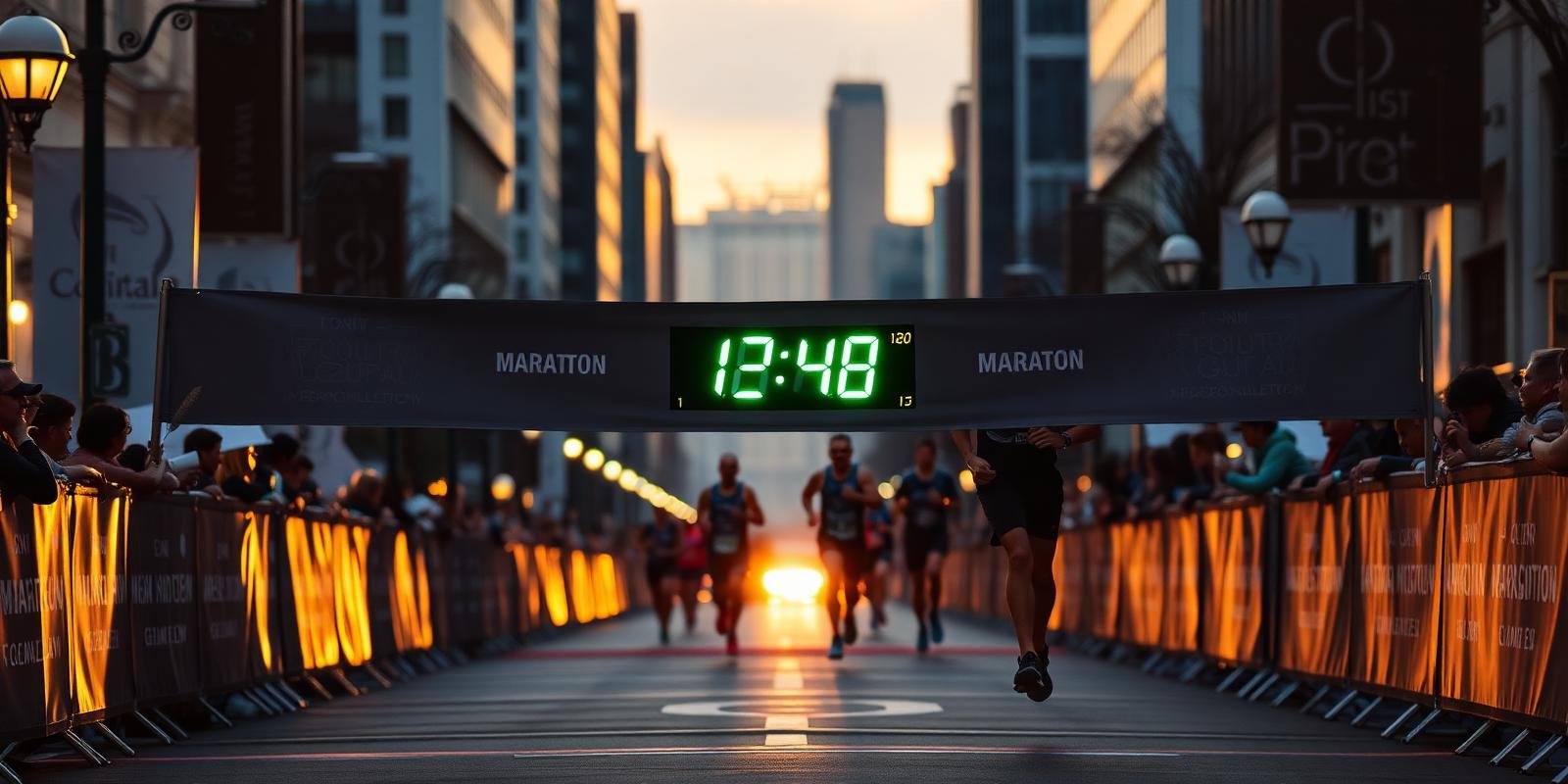 Corredor cruzando linha de chegada de maratona com relógio marcando tempo abaixo de 4 horas em cenário urbano ao pôr do sol