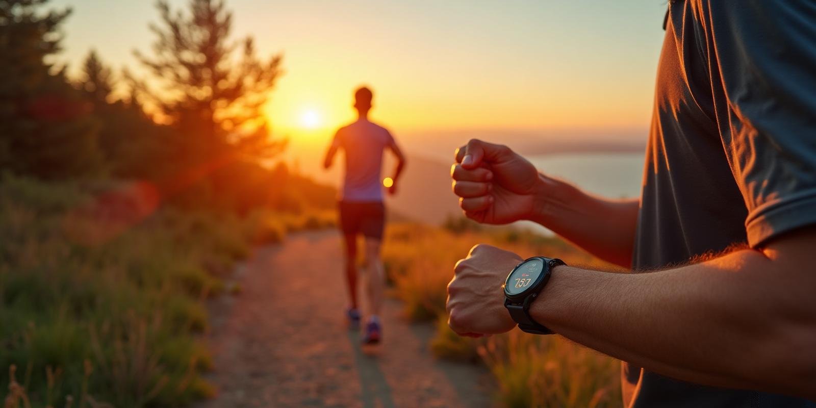 Corredor verificando ritmo de pace 5:00/km em relógio esportivo durante treino ao nascer do sol em trilha cênica
