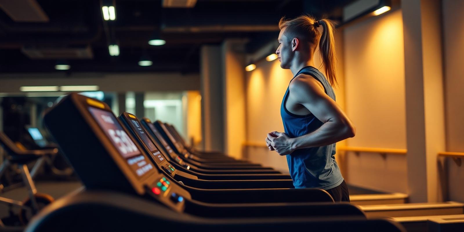 Corredor em esteira verificando pace 5:30/km no painel digital durante treino em academia moderna