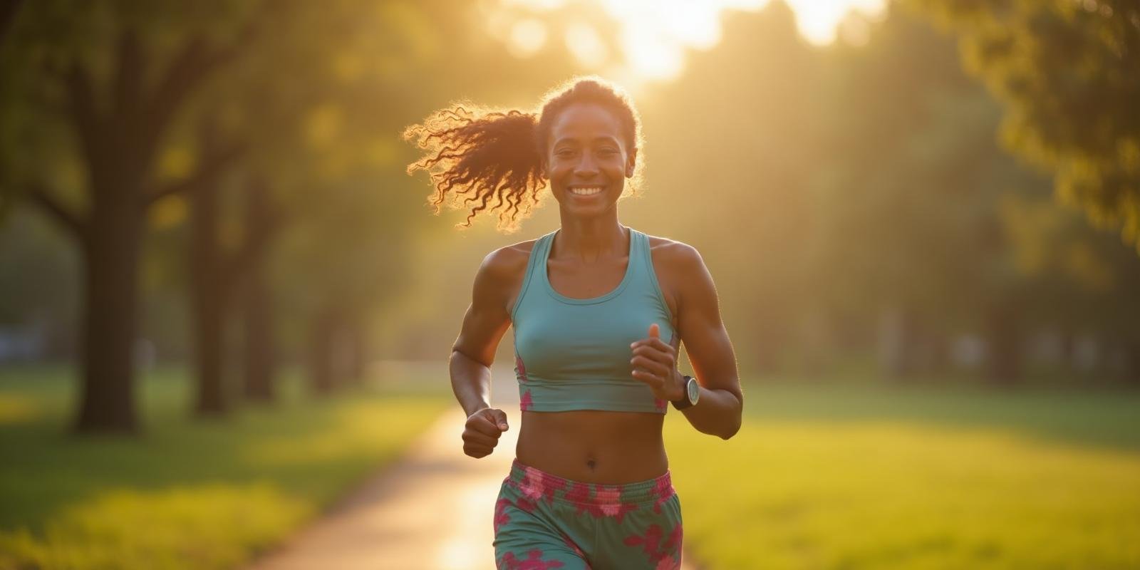 Corredor iniciante sorrindo durante treino matinal no parque com equipamento colorido de corrida e ritmo confortável