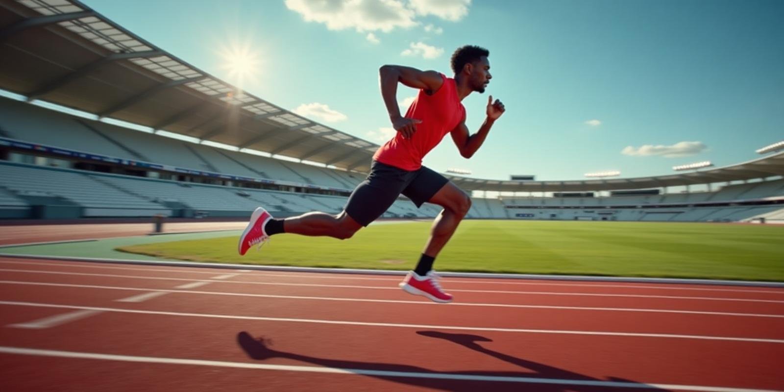 Atleta executando treino intervalado em pista de atletismo com explosão de velocidade e movimento dinâmico capturado em alta qualidade