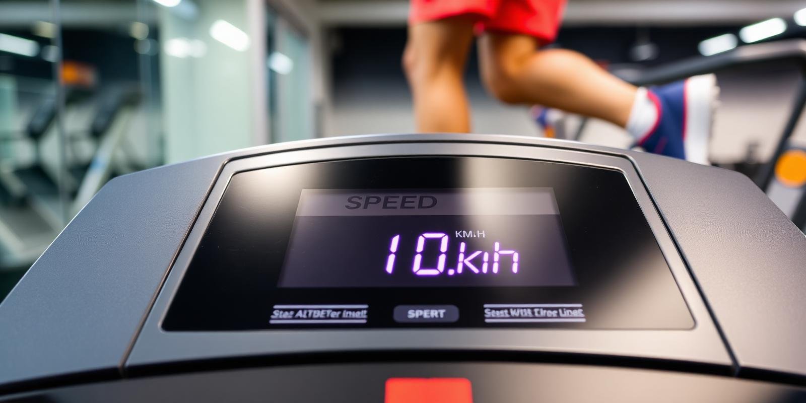 Painel digital de esteira mostrando velocidade 10 km/h com pernas de corredor desfocadas ao fundo