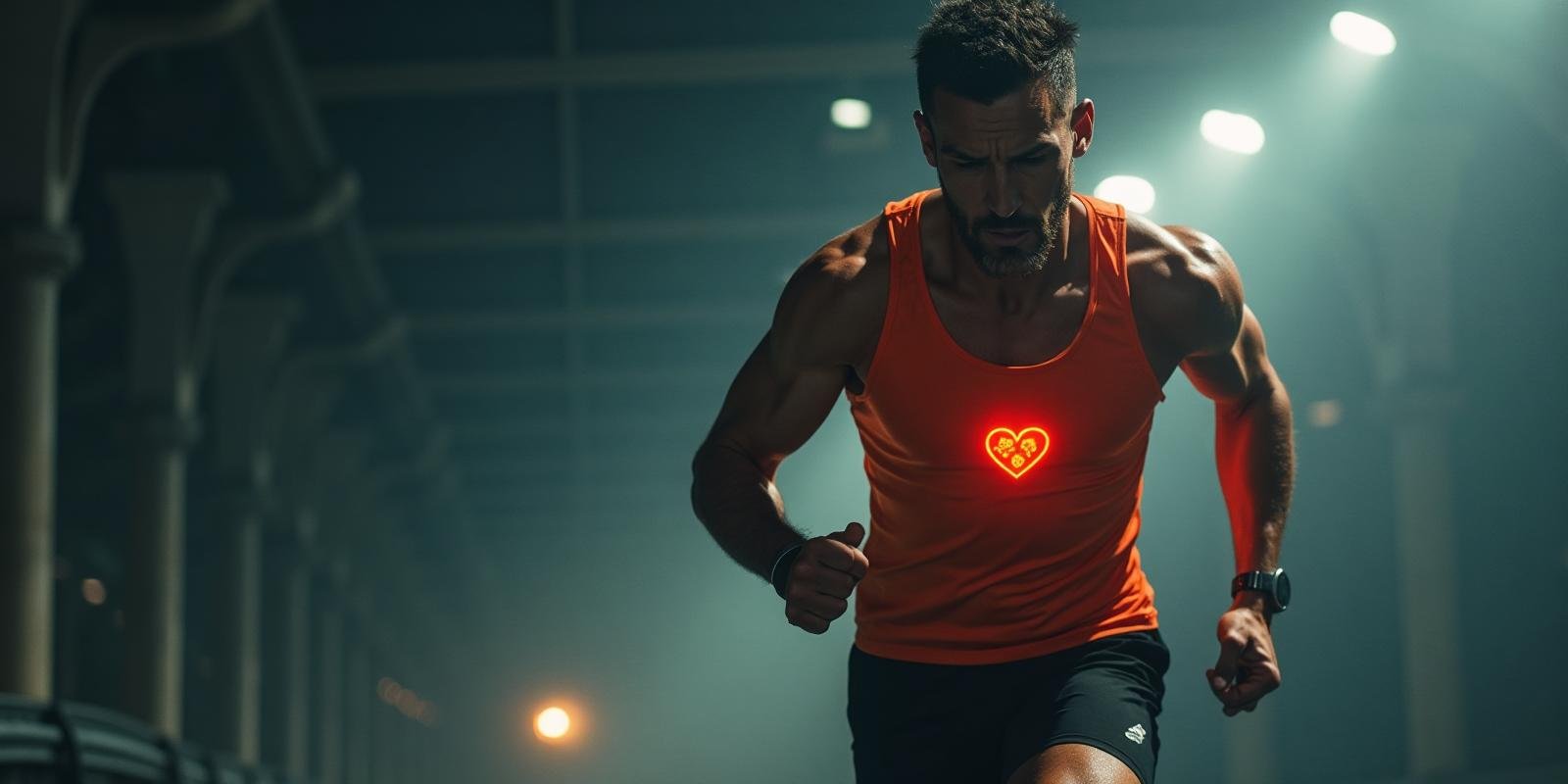 Atleta com monitor cardíaco realizando treino de alta intensidade para melhoria do VO2 Max com expressão de esforço e determinação