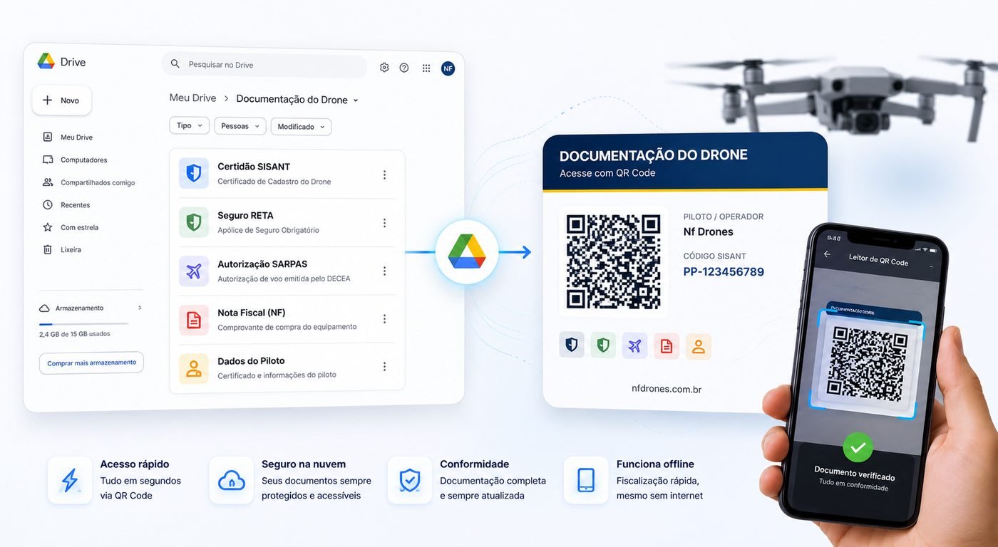 Pasta no Google Drive com a documentação do drone — Certidão SISANT, Seguro RETA, autorização SARPAS, Nota Fiscal e homologação ANATEL — gerando um QR Code em um cartão de carteira, lido pelo celular do fiscal