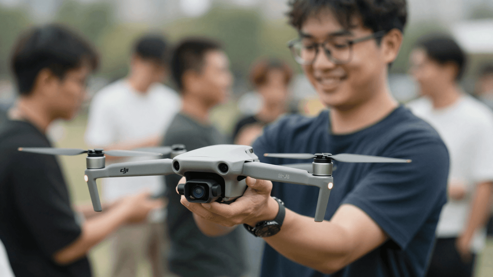Piloto da comunidade de drones segurando seu DJI