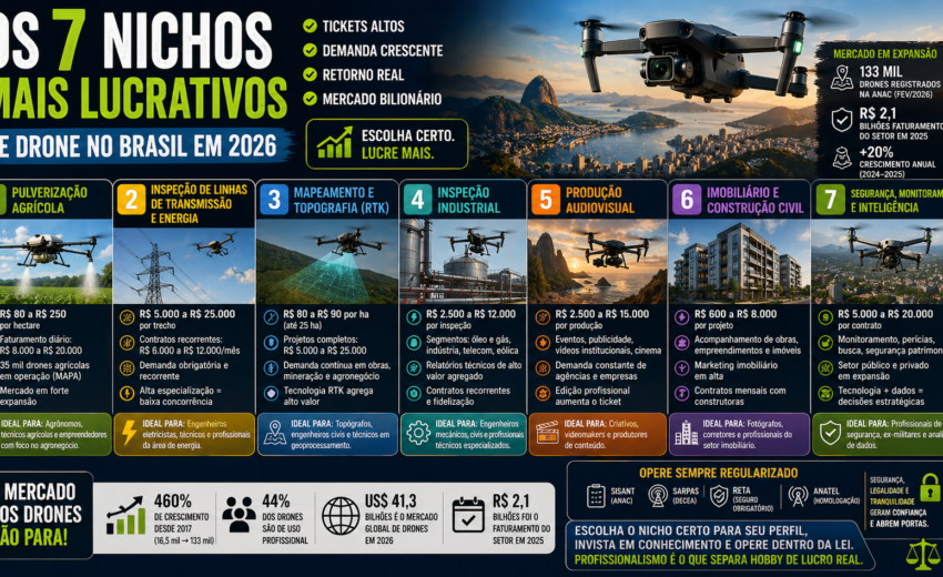 Os 7 nichos mais lucrativos de drone no Brasil em 2026