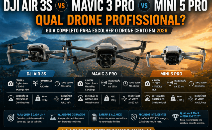 DJI Air 3S vs Mavic 3 Pro vs Mini 5 Pro: o melhor drone profissional para 2026