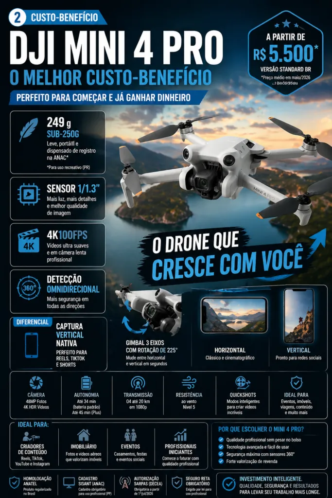 DJI Mini 4 Pro Standard BR para fotografia e vídeo amador profissional