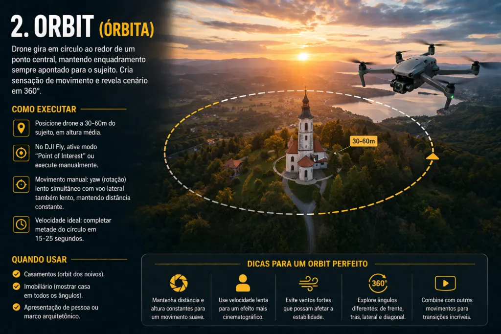 Movimento Orbit do drone em órbita ao redor de sujeito