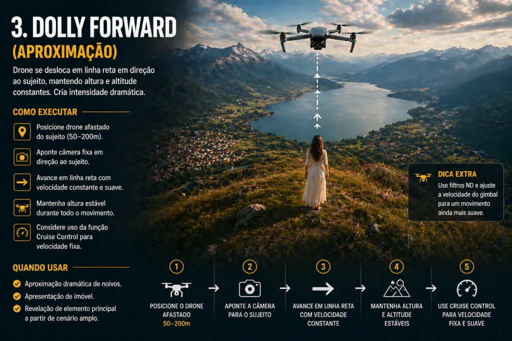 Movimento Dolly forward de aproximação cinematográfica com drone