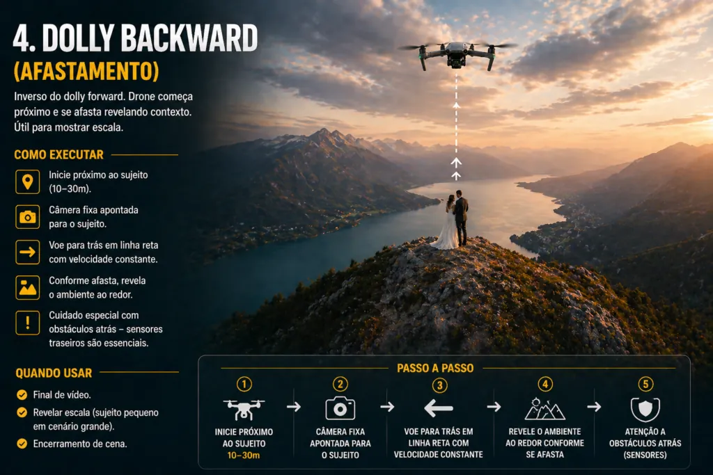 Movimento Dolly backward de afastamento cinematográfico com drone