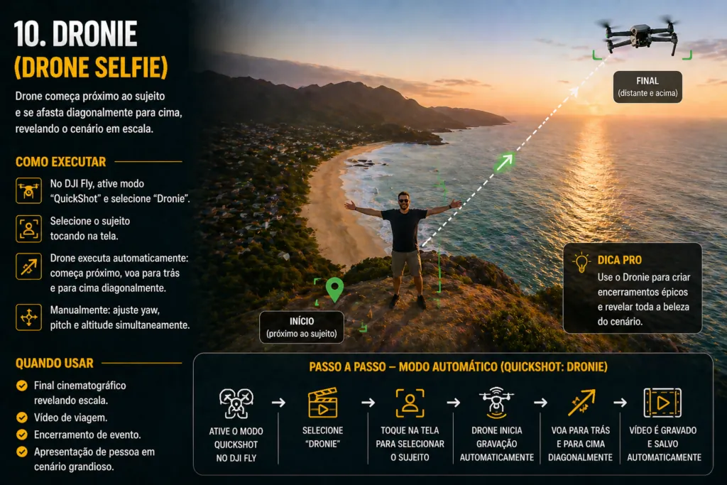 Dronie ou drone selfie em rotação de afastamento