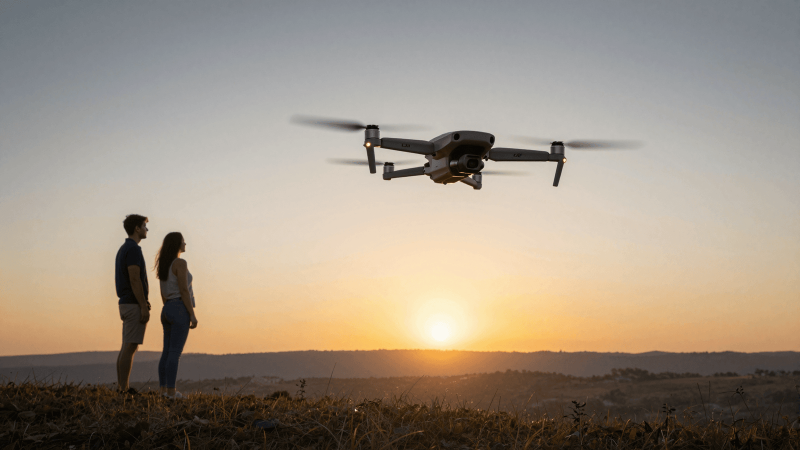Drone DJI filmando um casal em um cenário ao ar livre