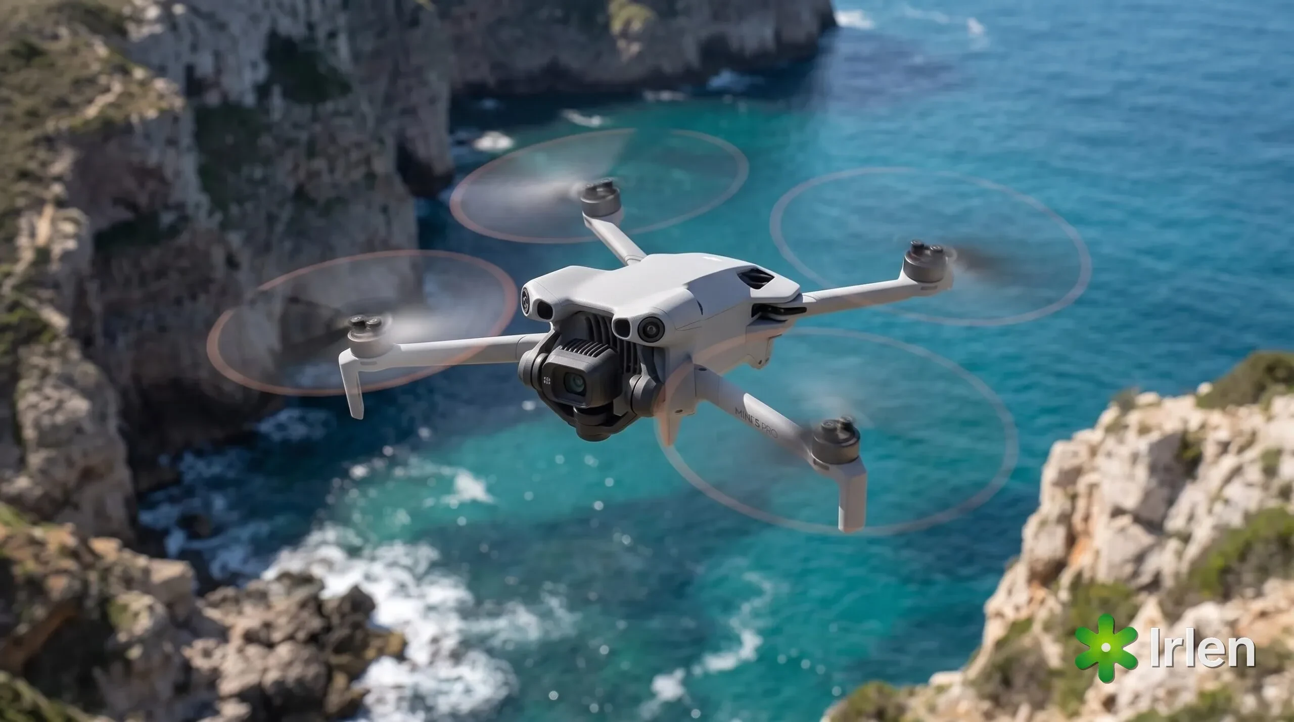 Drone DJI Mini 5 Pro sobrevoando o litoral