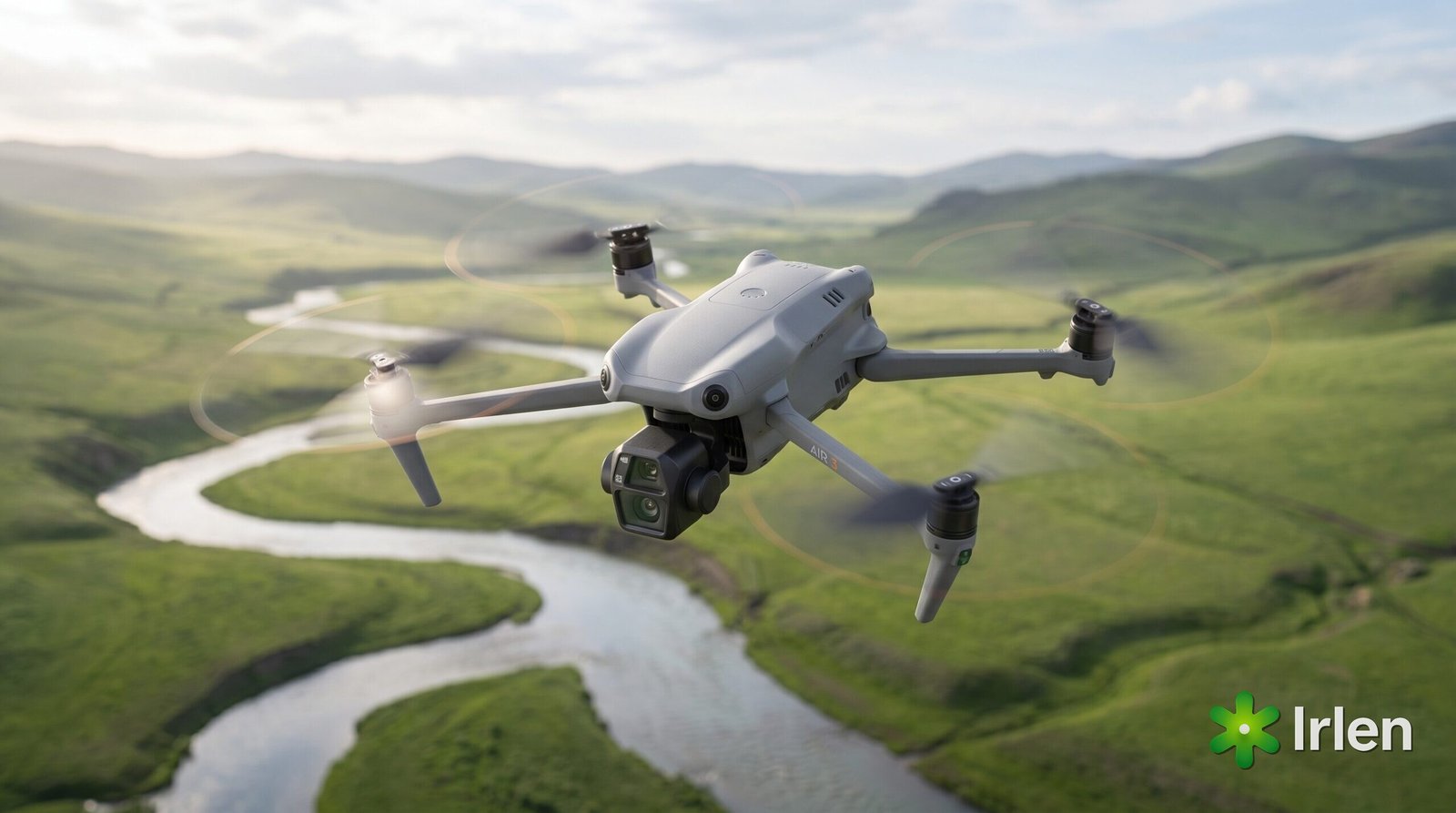 Drone DJI Air 3S capturando imagens de uma paisagem