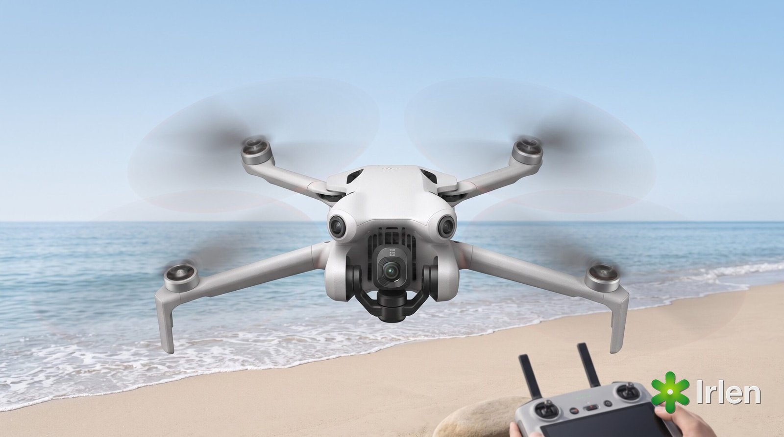 Drone DJI Mini 4 Pro pairando sobre a praia
