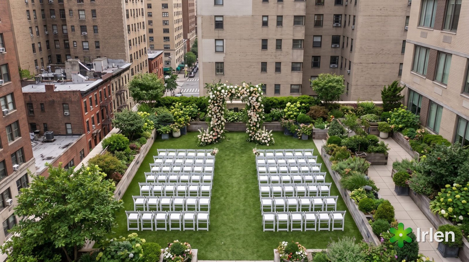 Vista aérea de um local de casamento em área urbana