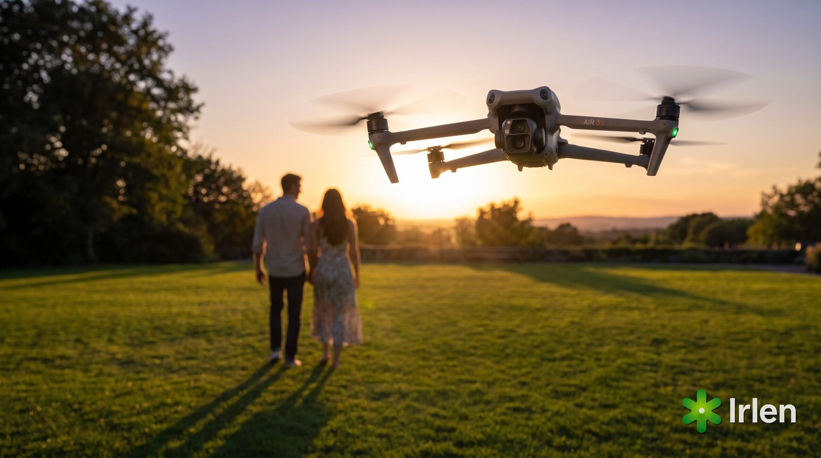 Drone DJI Air 3S filmando um casal em cenário ao ar livre