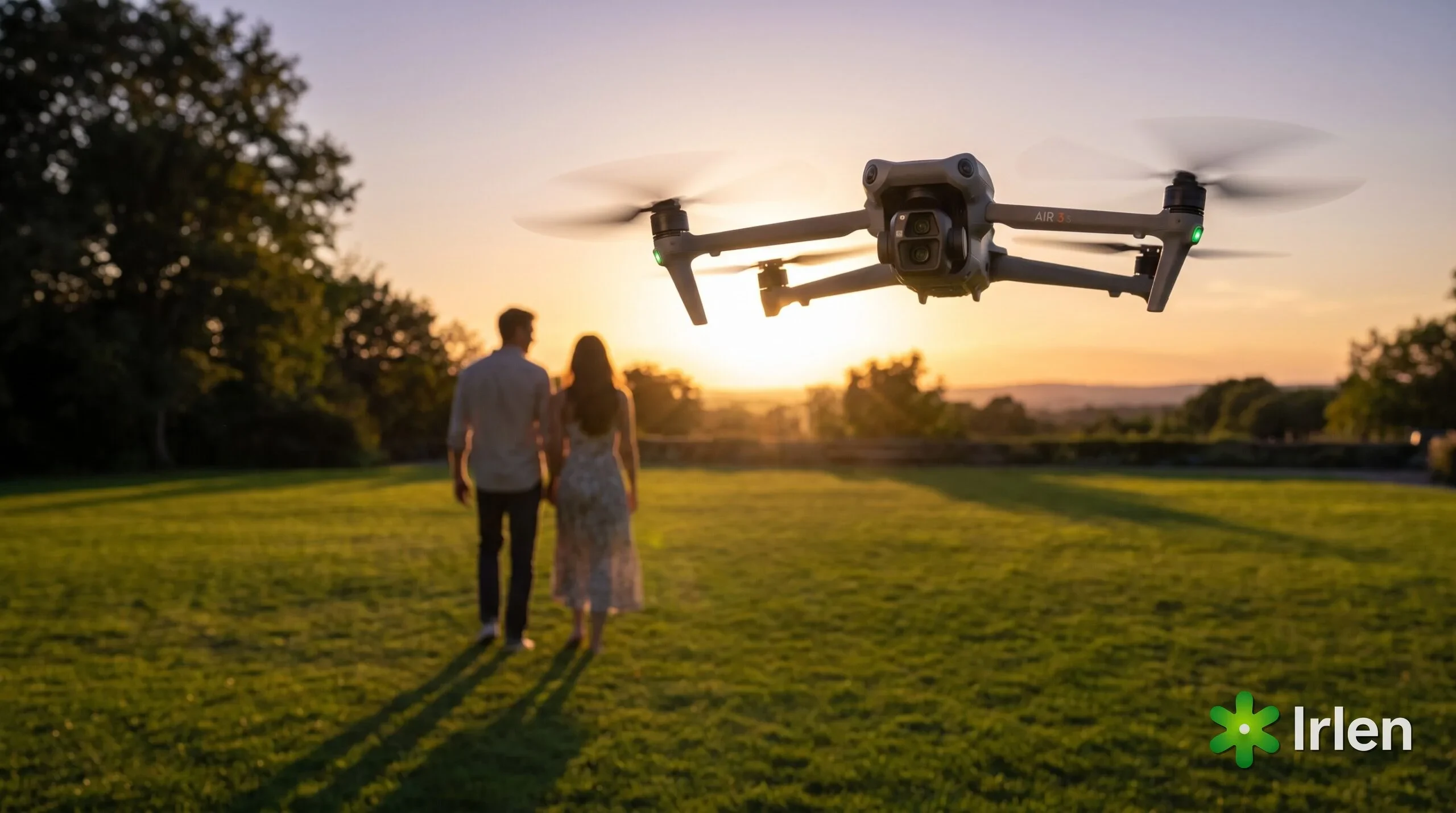 Drone DJI Air 3S filmando um casal em cenário ao ar livre