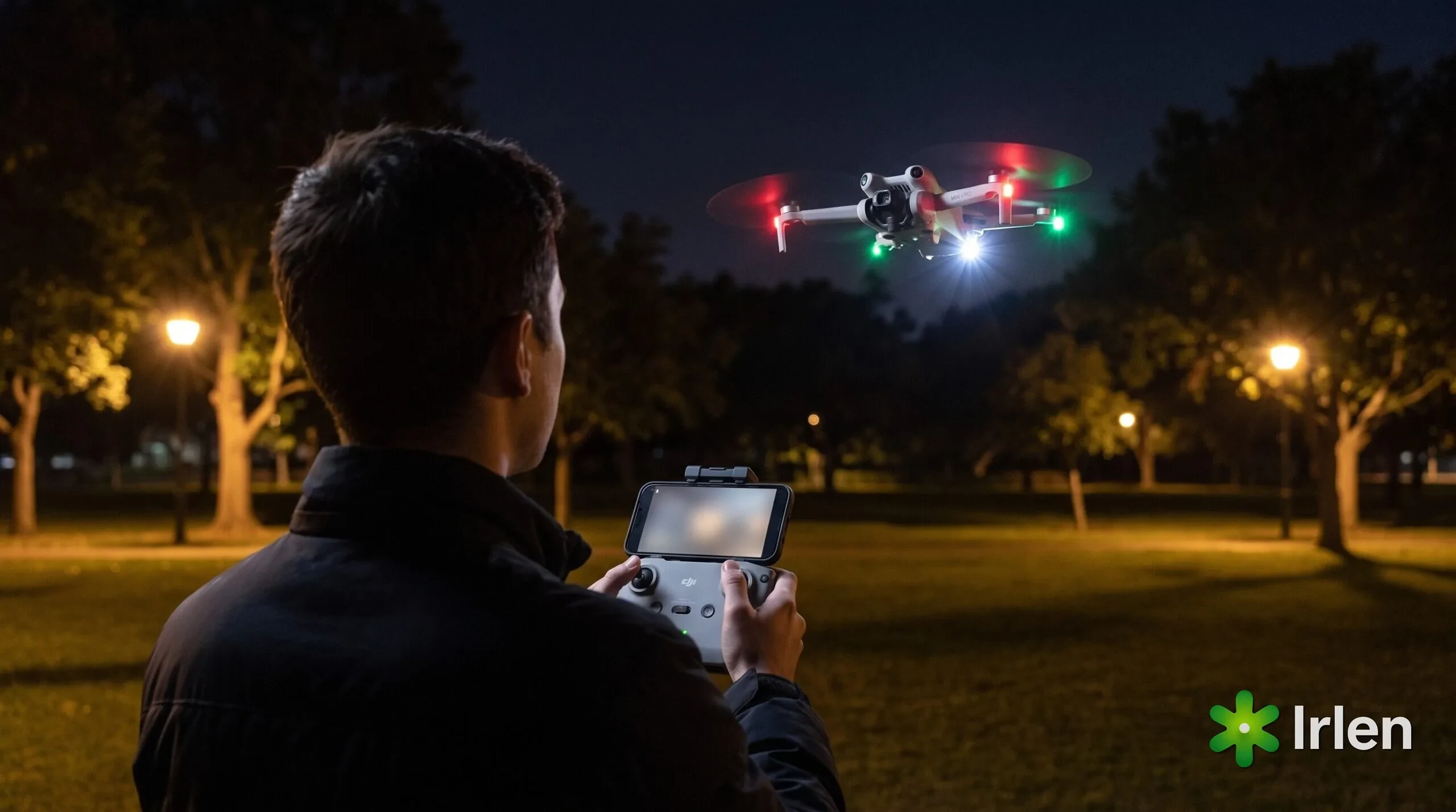 Piloto operando o DJI Mini 4 Pro à noite com luzes acesas
