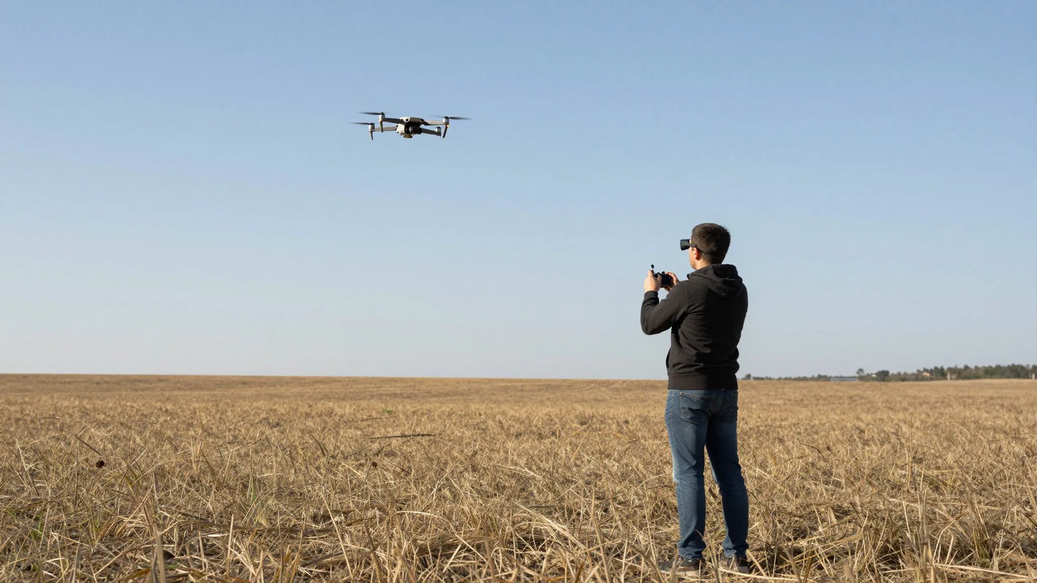 Piloto com óculos FPV e observador acompanhando o voo em campo