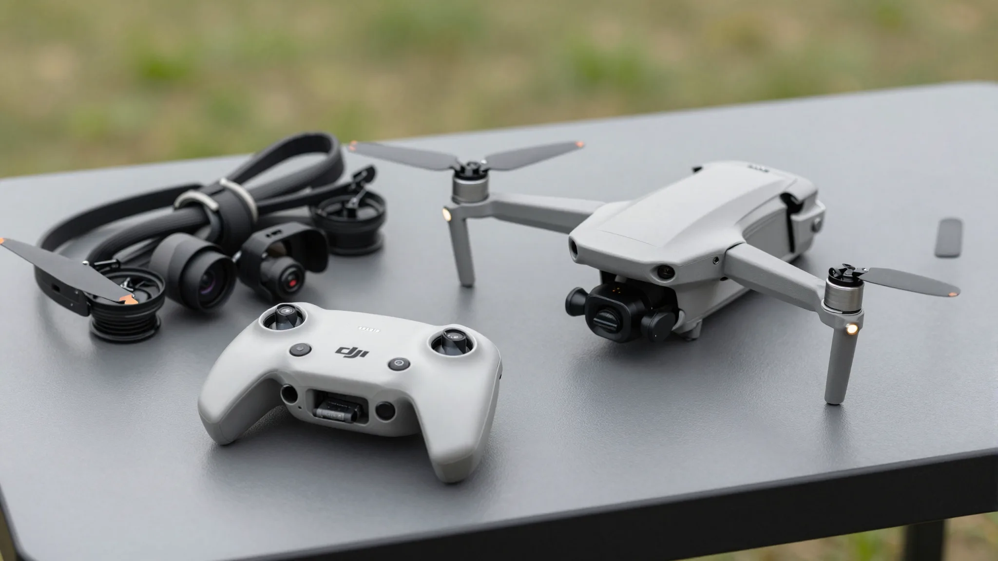 Equipamento de voo FPV e controle sobre a mesa em campo