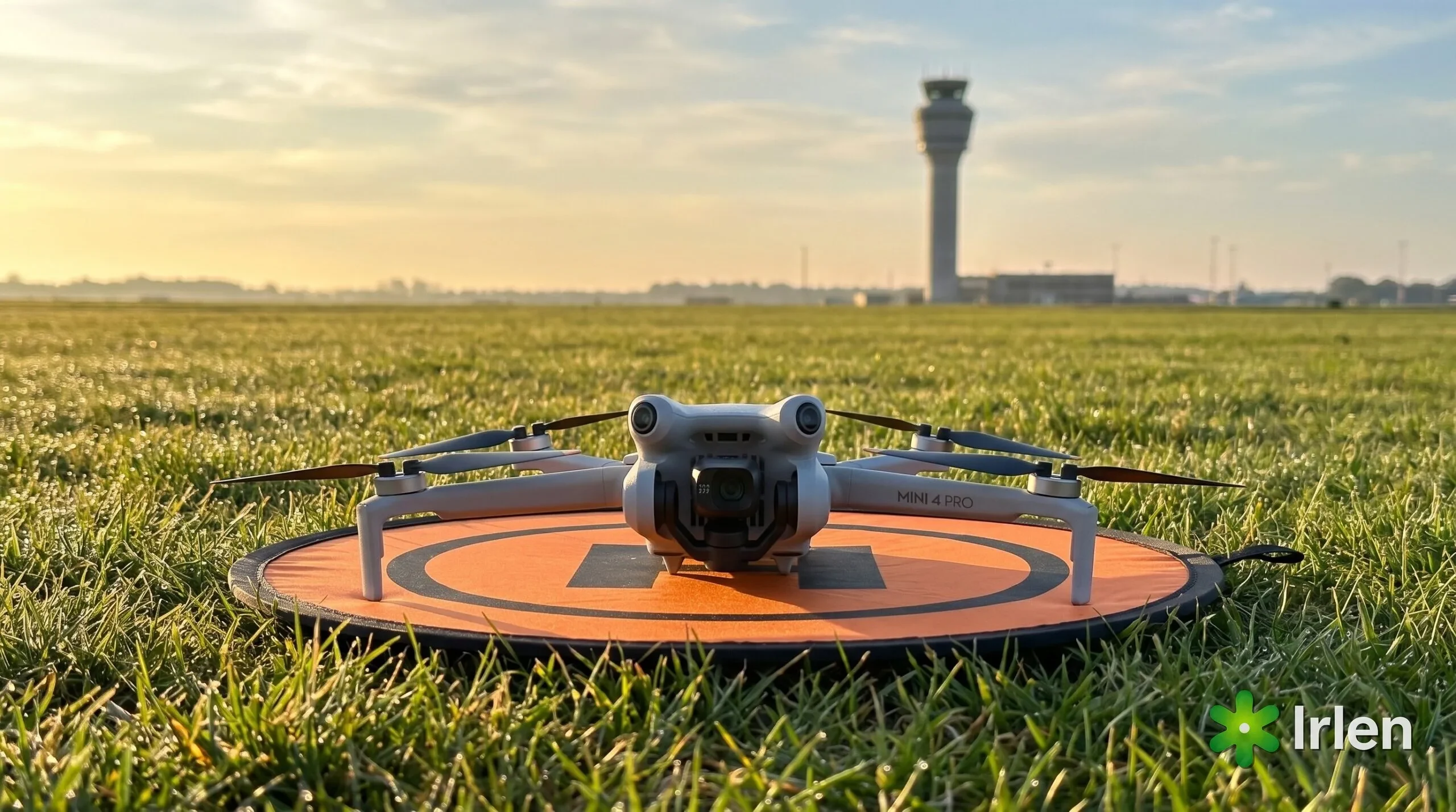 Drone DJI Mini 4 Pro pronto para decolar com torre de controle ao fundo