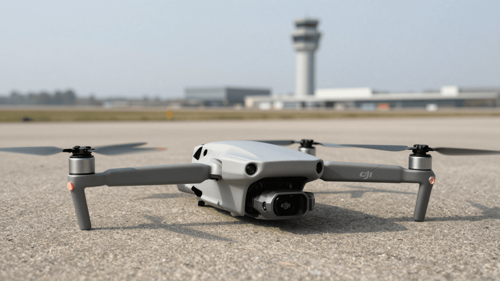 Drone DJI pronto para decolar com torre de controle ao fundo