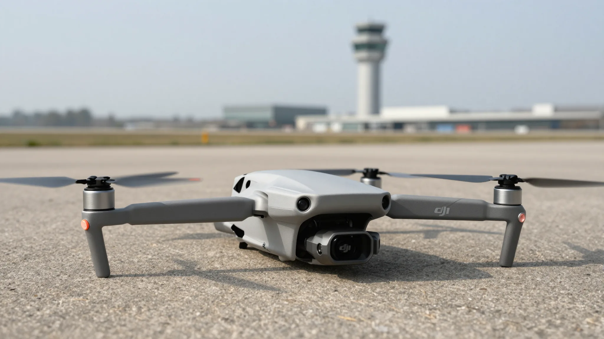 Drone DJI pronto para decolar com torre de controle ao fundo