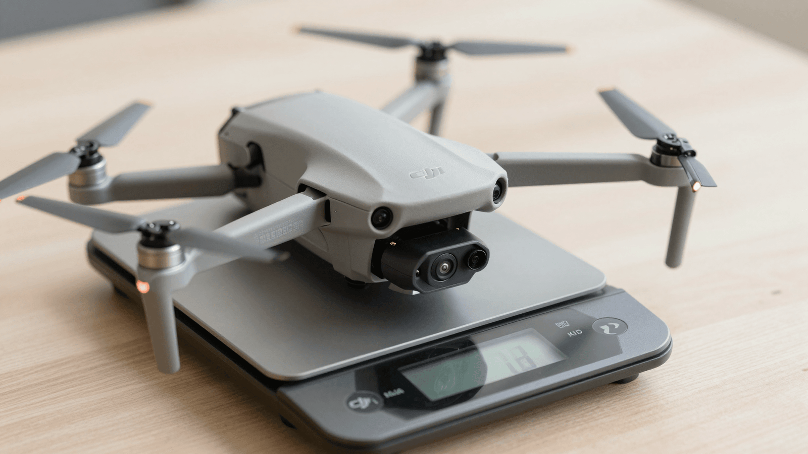 Drone DJI Mini sobre uma balança mostrando o peso