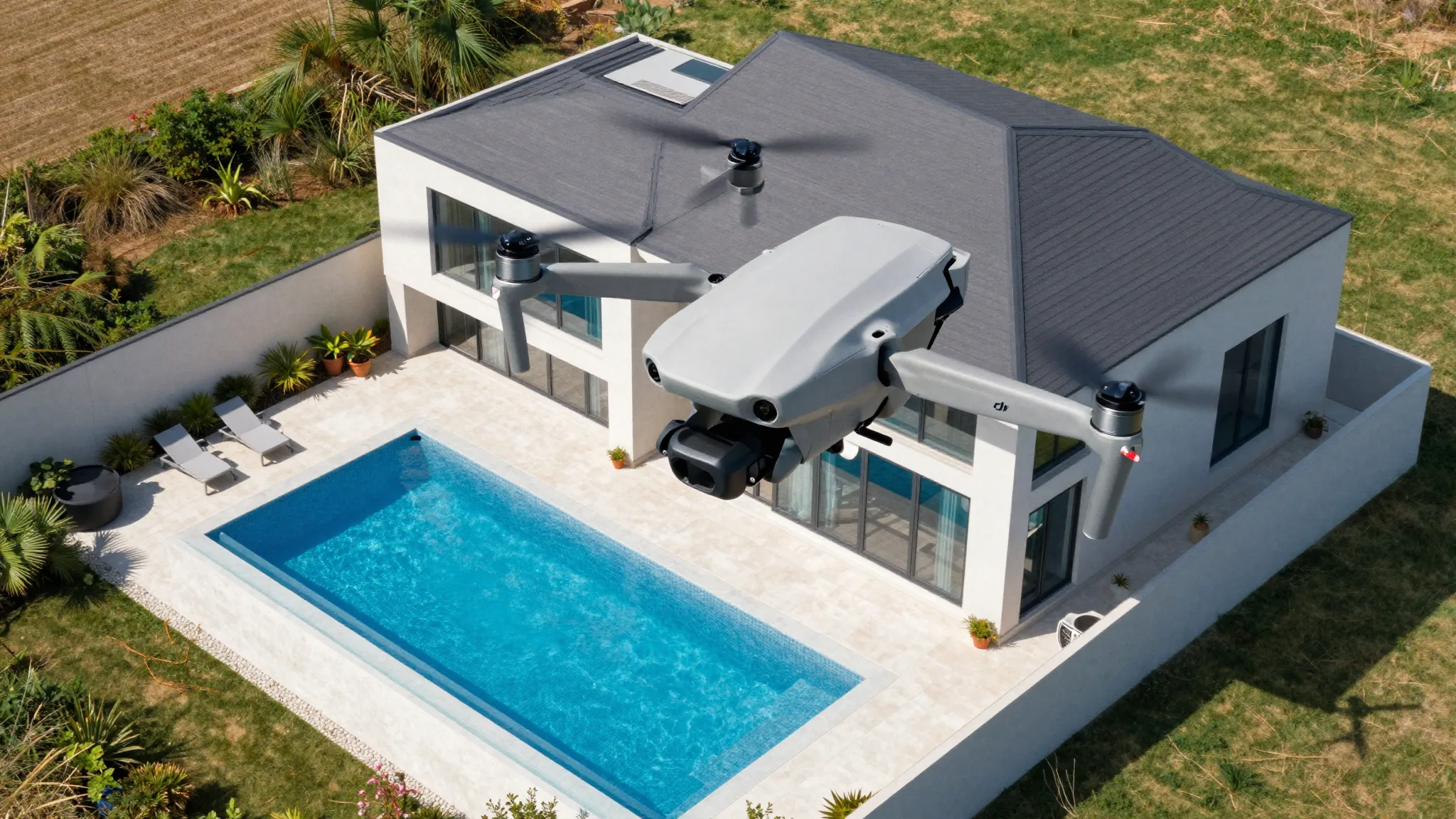 Vista aérea de um imóvel moderno para marketing imobiliário