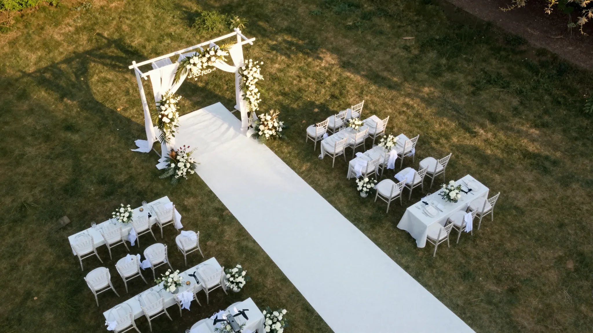 Vista aérea de um casamento ao ar livre