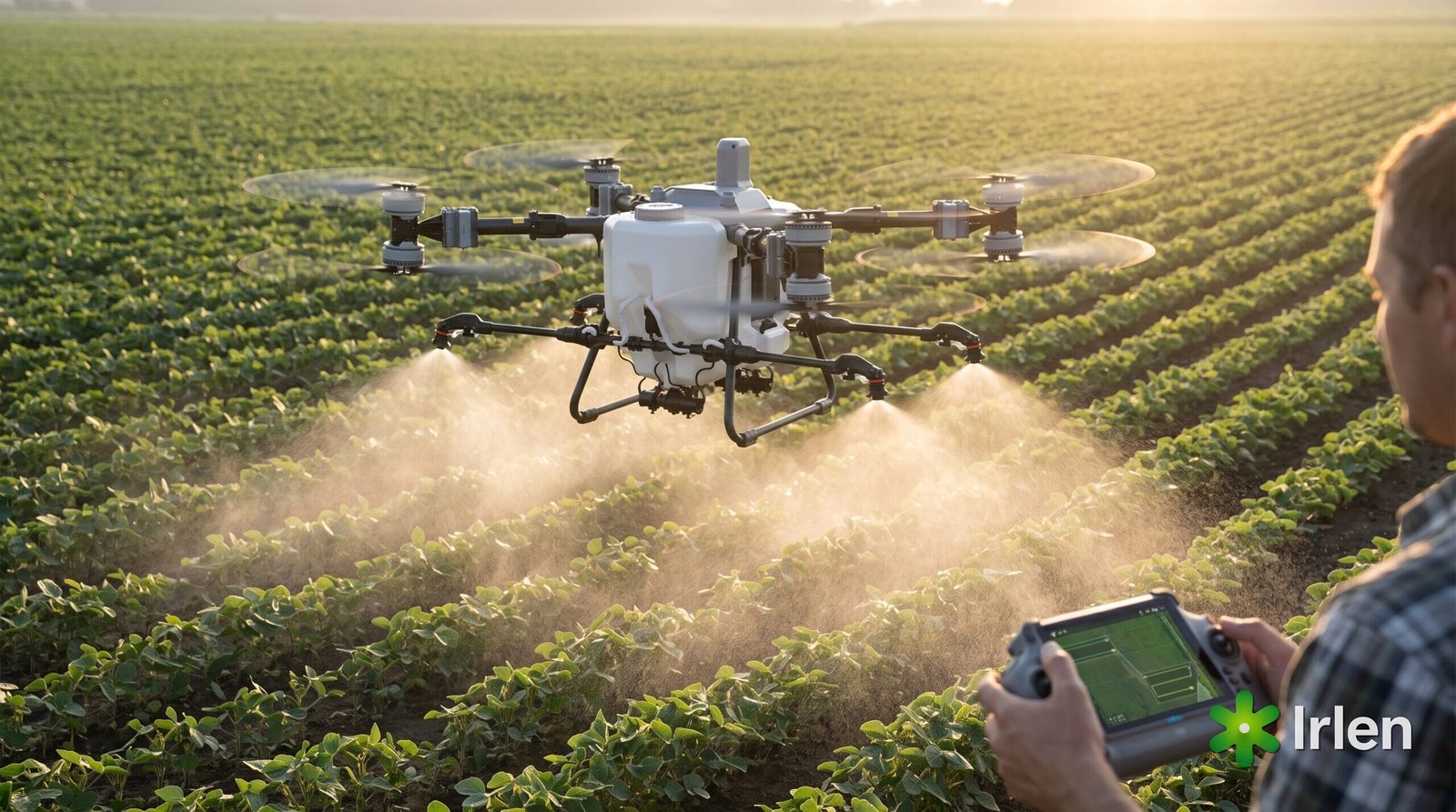 Drone agrícola DJI Agras T50 pulverizando uma plantação