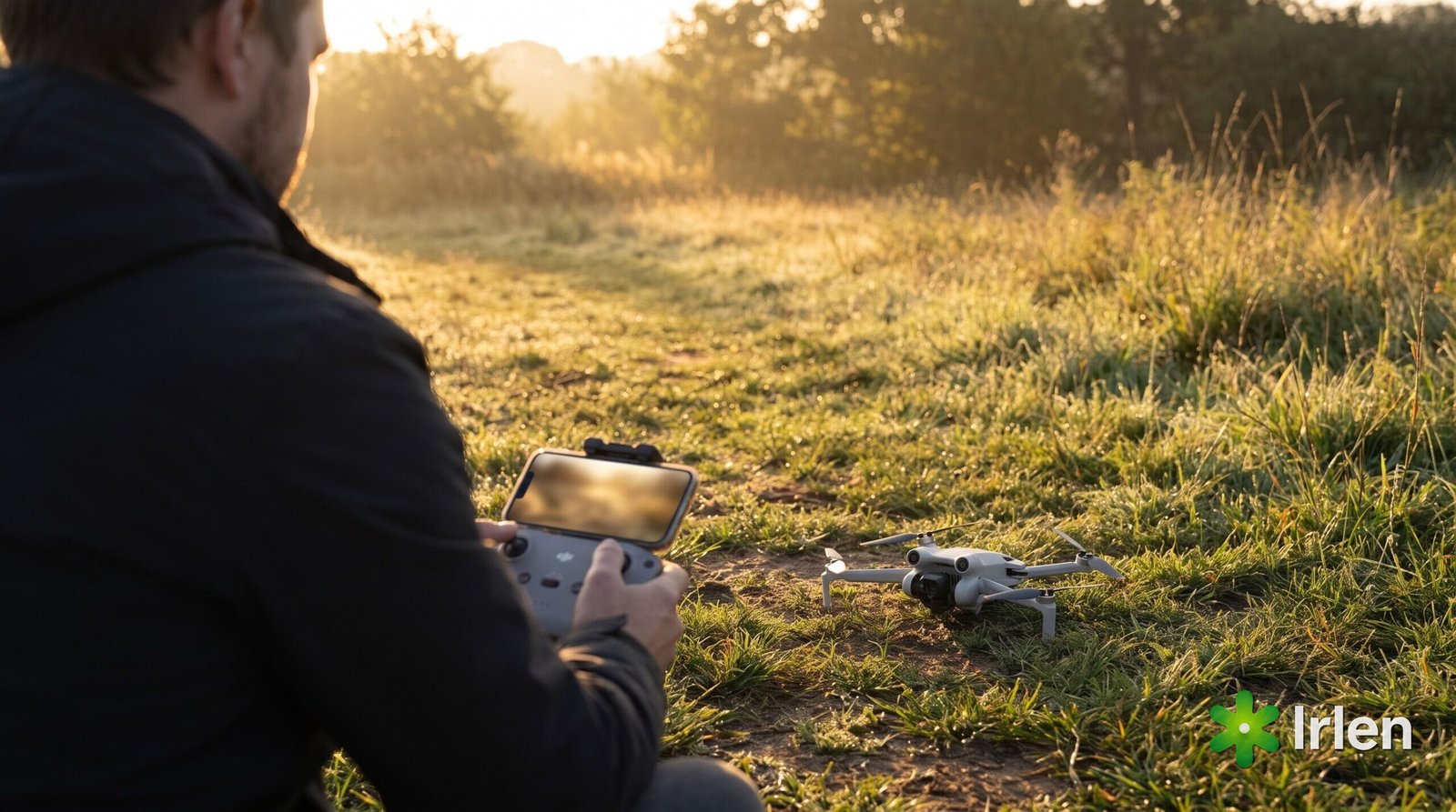 Piloto preparando o drone DJI Mini 4 Pro para decolar em campo aberto
