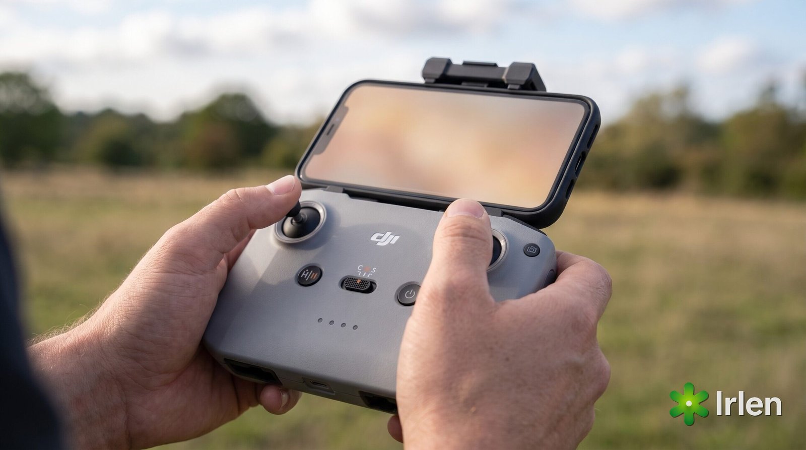 Mãos no controle DJI RC-N3 com celular acoplado durante a solicitação de voo