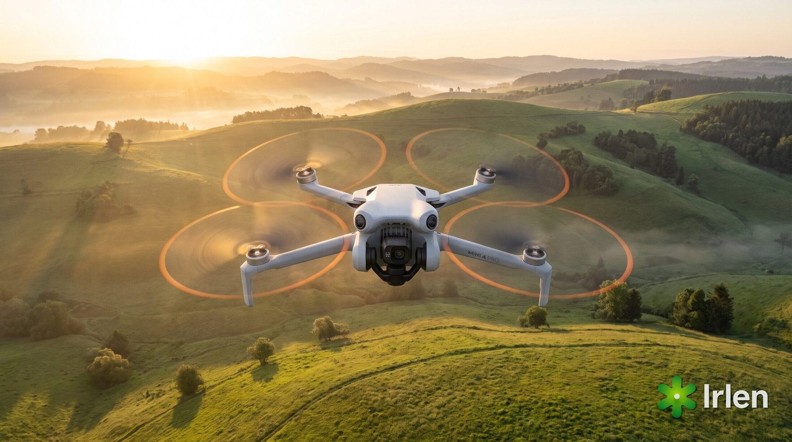 Drone DJI Mini 4 Pro sobrevoando uma paisagem ao amanhecer