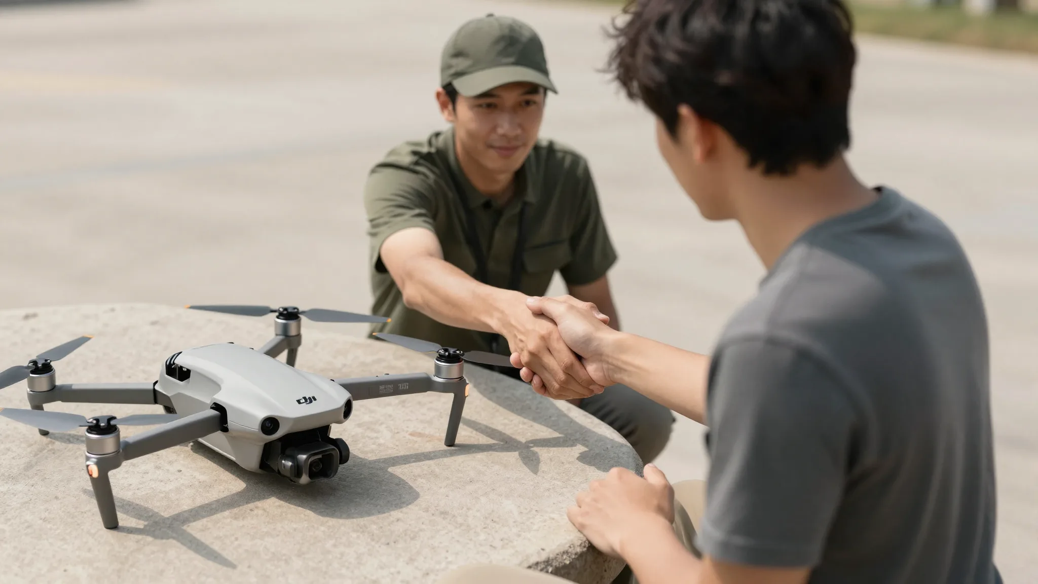 Piloto fechando um contrato com cliente, drone DJI ao lado