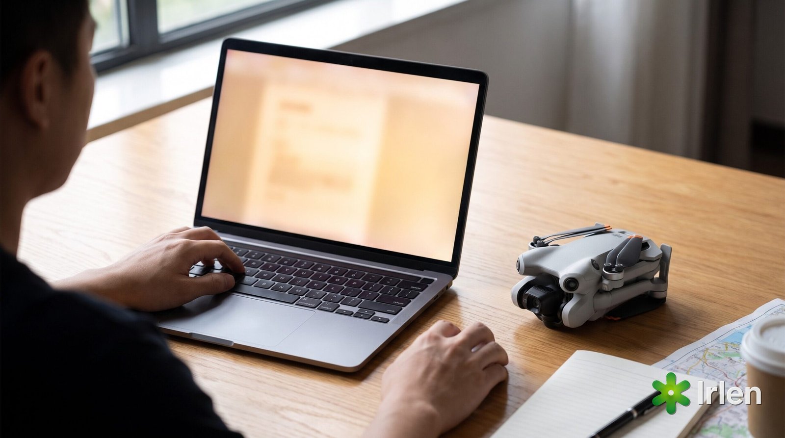 Planejamento de voo no notebook com o drone DJI Mini 4 Pro ao lado