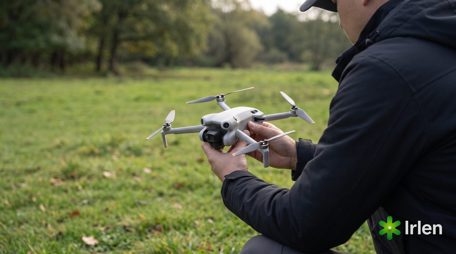 Piloto inspecionando o drone DJI Mini 4 Pro antes do voo