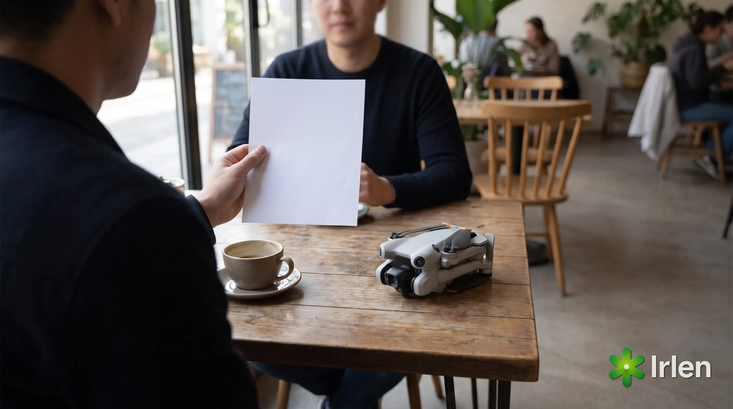 Piloto apresentando o orçamento ao cliente com o DJI Mini 4 Pro ao lado