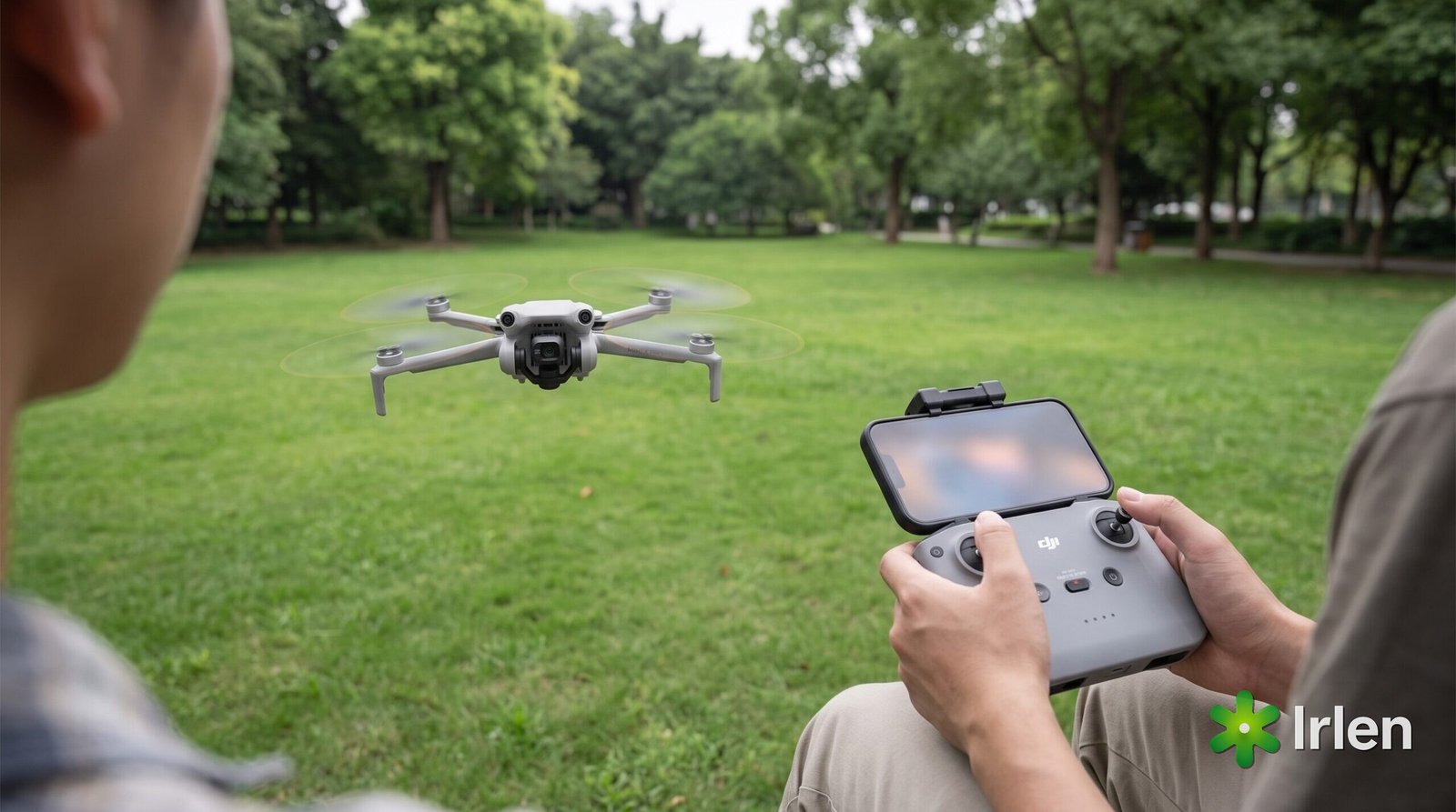 Piloto voando o DJI Mini 4 Pro em um parque