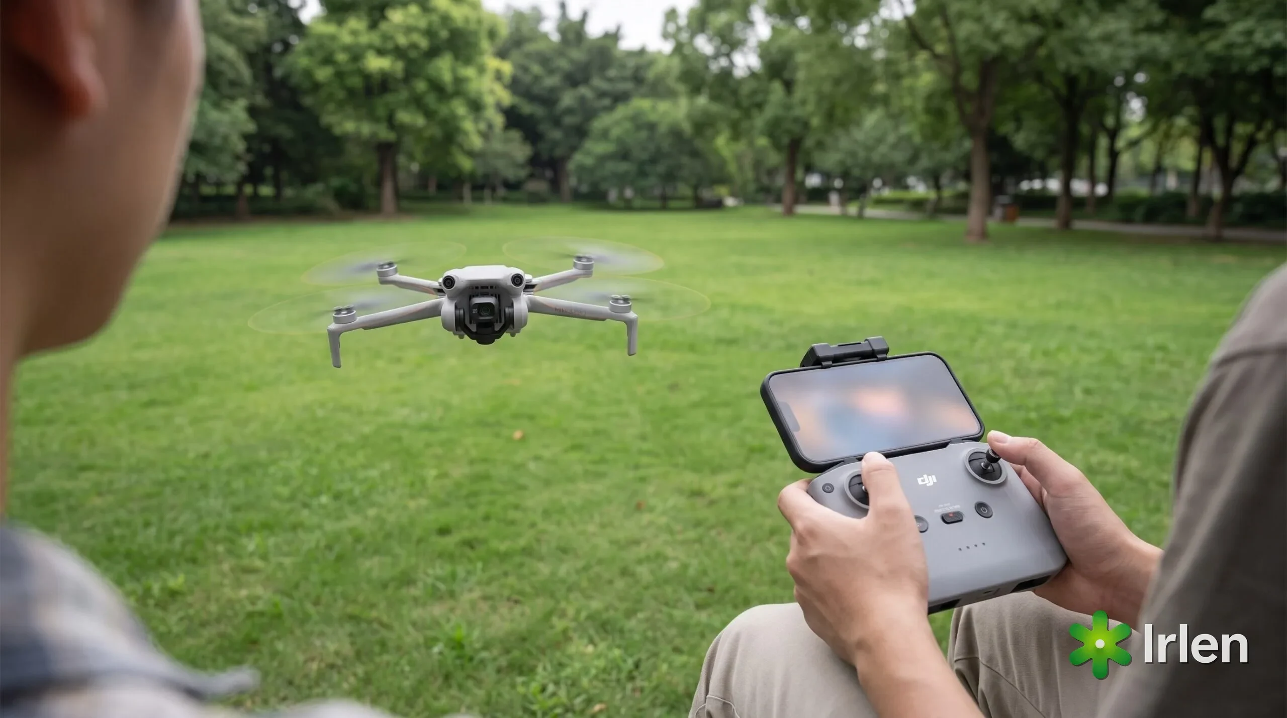Piloto voando o DJI Mini 4 Pro em um parque