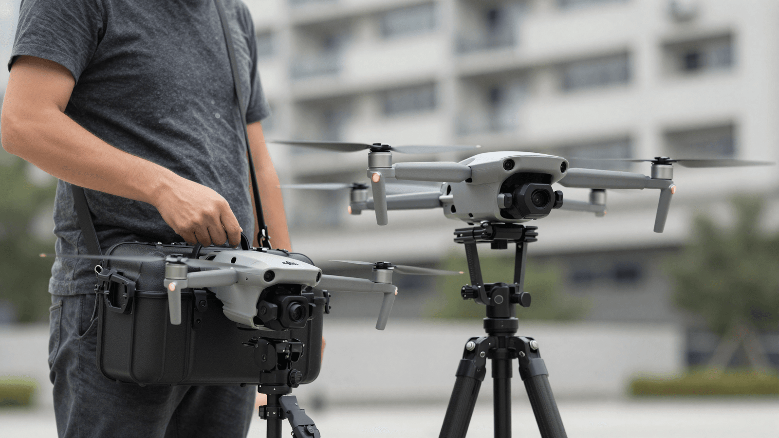 Operador profissional com equipamento DJI em filmagem urbana