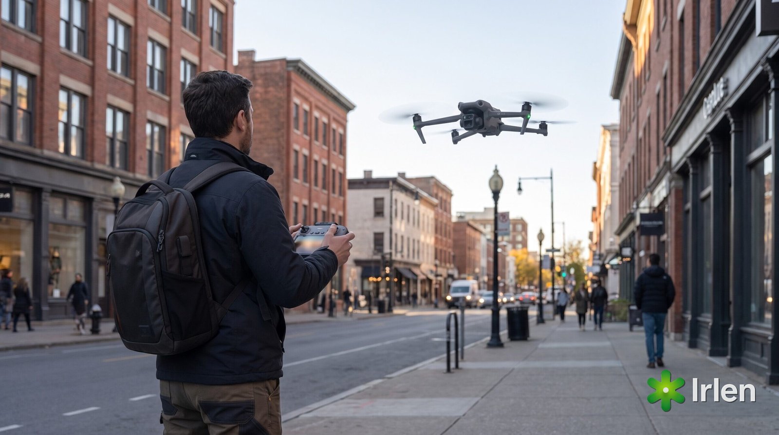 Operador profissional com o DJI Air 3S em filmagem urbana