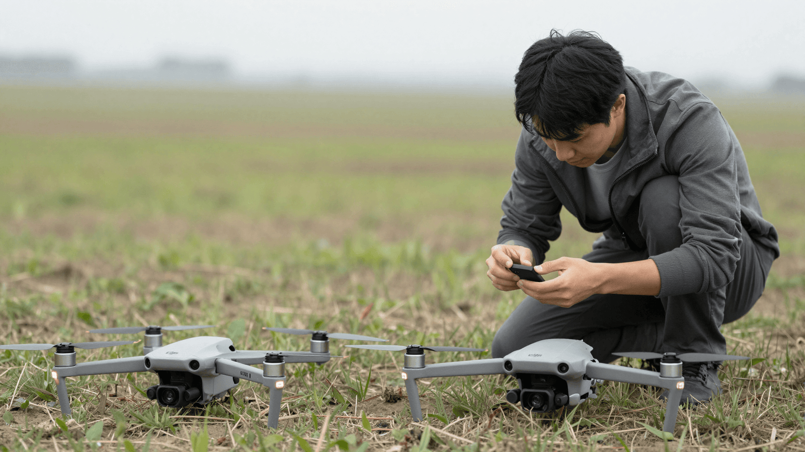 Piloto inspecionando um drone DJI antes do voo